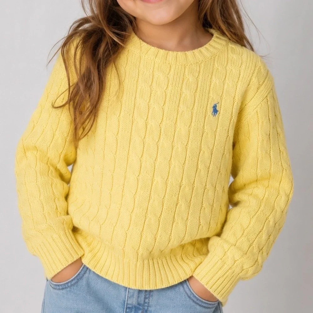 Ralph Lauren Yellow Cable Knit Cotton Sweater XL Blue Pony Crew Neck Long Sleeve